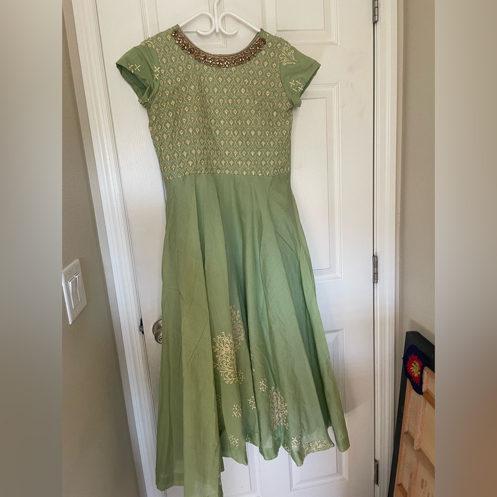 Girls Sage Green Embroidered Fit-and-Flare Dress
